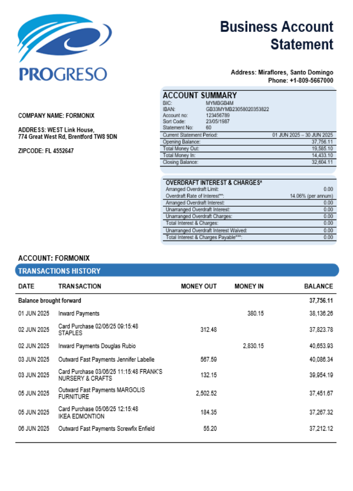 Modèle Word et PDF de relevé de compte professionnel Progreso